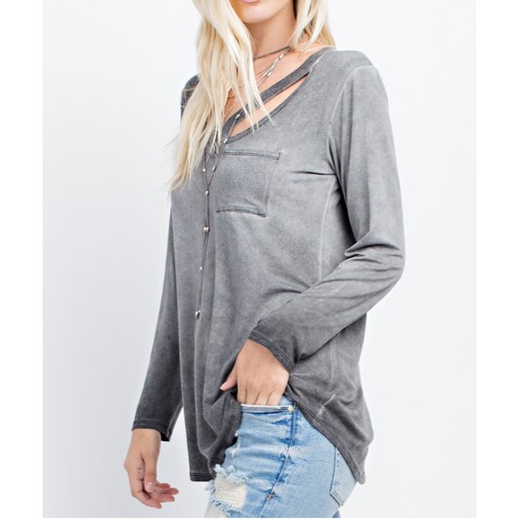 143 Story Gray Cut Out Neck Long Sleeve Top - Picture 3 of 5